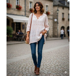 Pure Jill Pink & White Plaid Tunic Top Large button side decoration